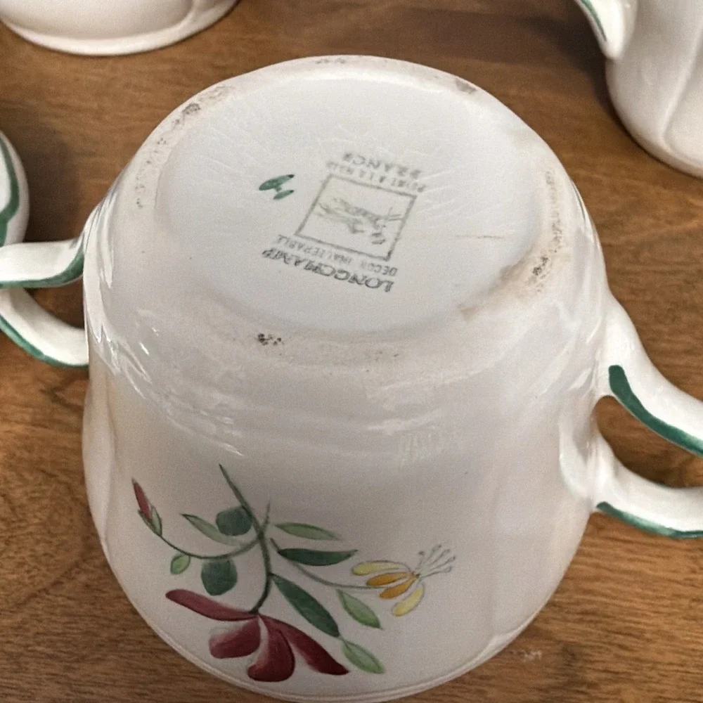 Longchamp Teapot Suger & Creamer French Faience Hand Painted Floral VTG